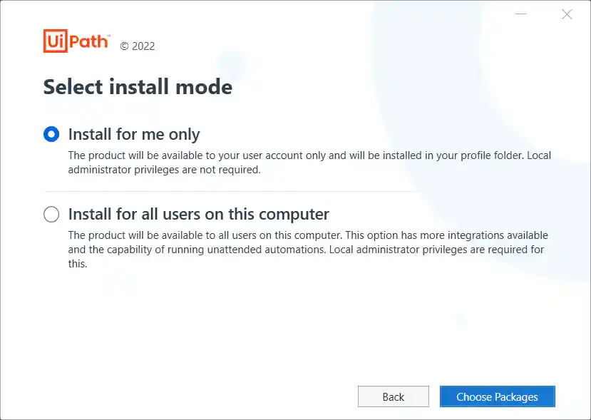 UiPath Studio Installation - Select Installation Mode