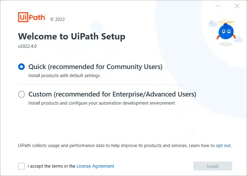 UiPath Studio Installation - Select Quick or Custom Installation