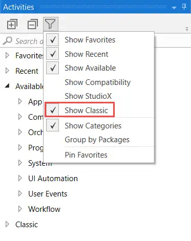 UiPath Enable Classic Activities and Modern Activities