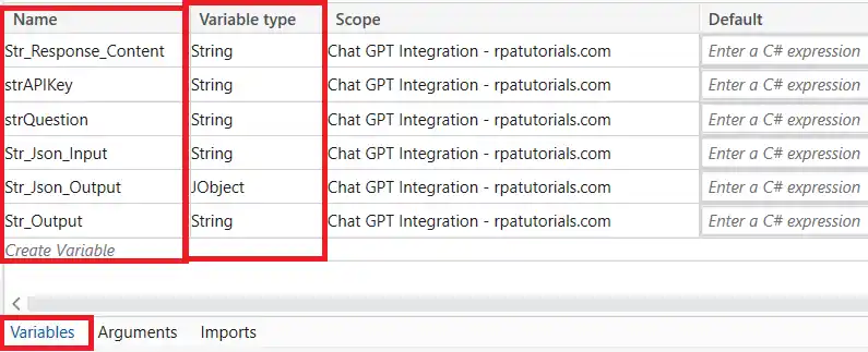 ChatGPT and UiPath Integration Variables used