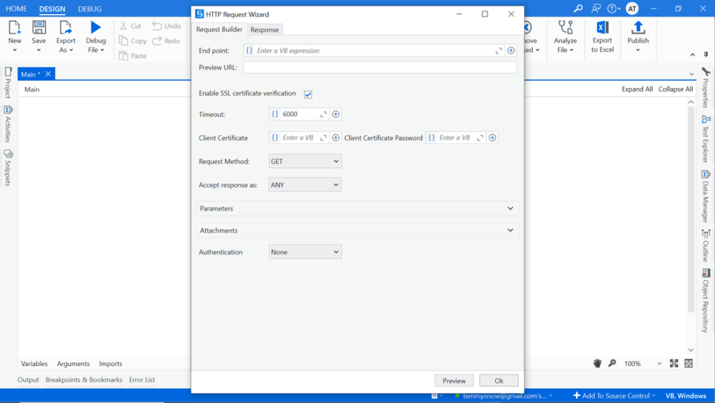 RPA Tutorials HTTP Request activity properties configuration.