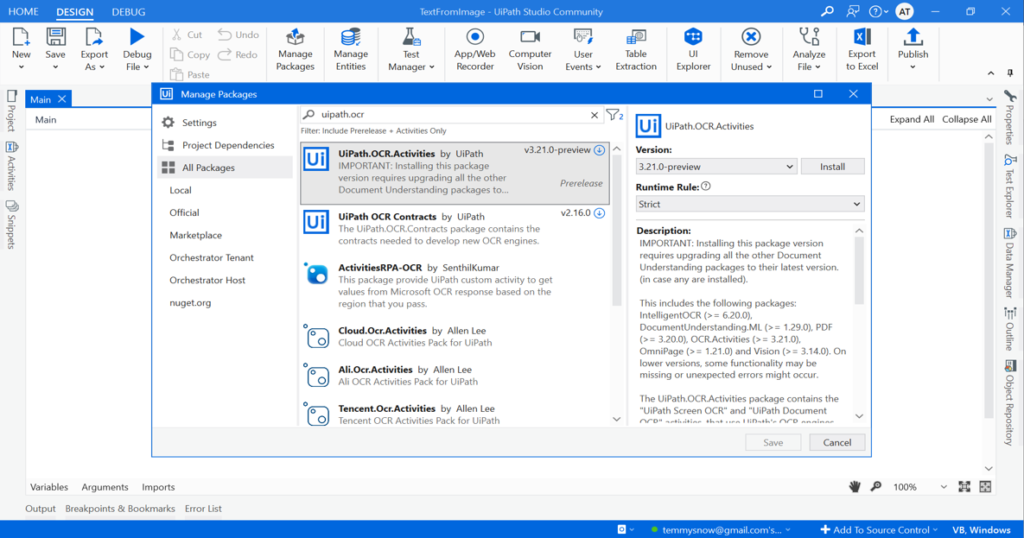 Manage Packages window in UiPath Studio