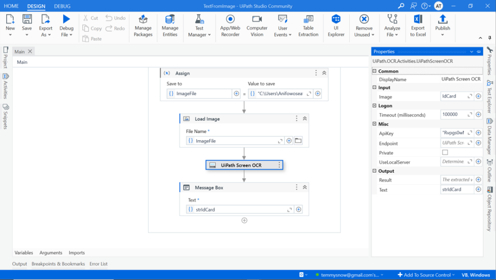 Screenshot of the configured Screen OCR activity in UiPath