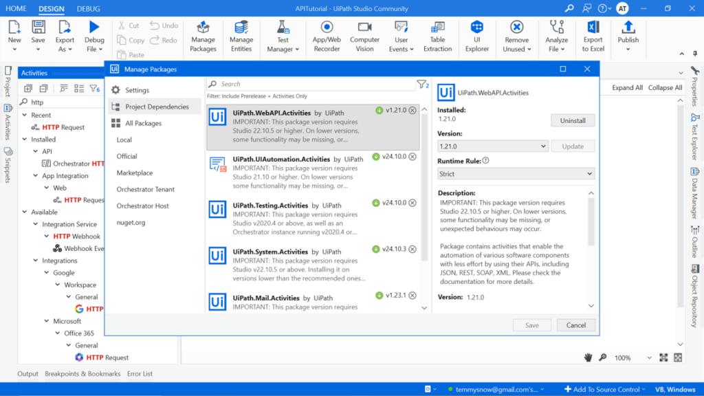 UiPath Studio with the Manage Packages window open