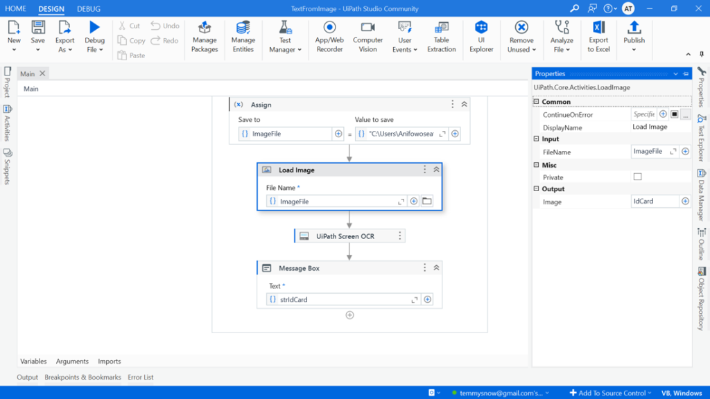 configured Load Image activity in UiPath